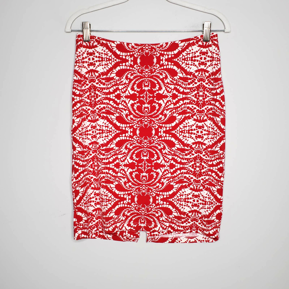 TART Red White Printed Back Zip Stretch Pencil Skirt Sz Small S